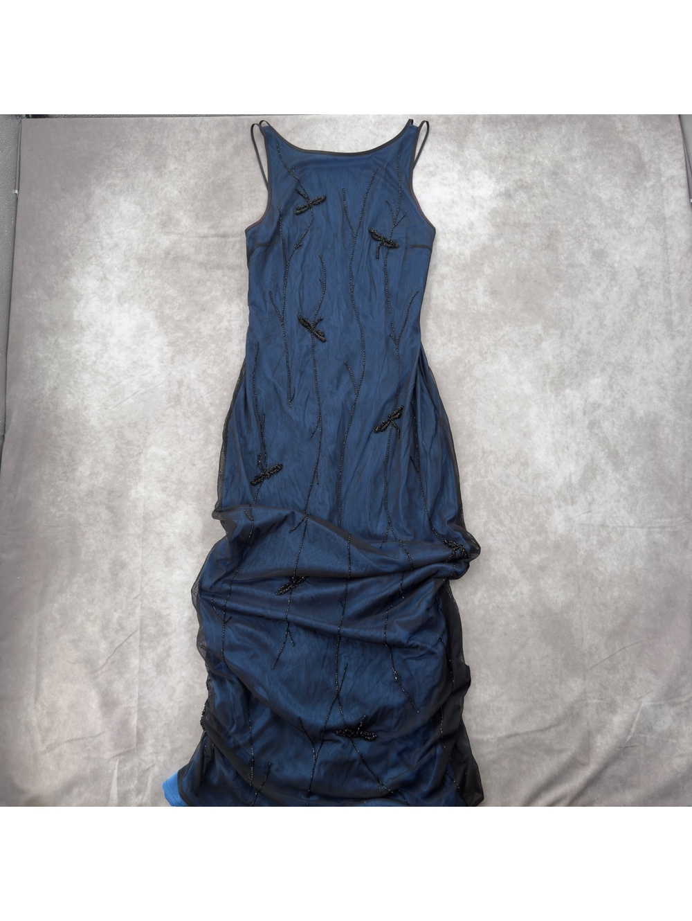 Vintage 90s Rimini Shaw Beaded Dragonfly Mesh Overlay Maxi Dress Blue Black 8